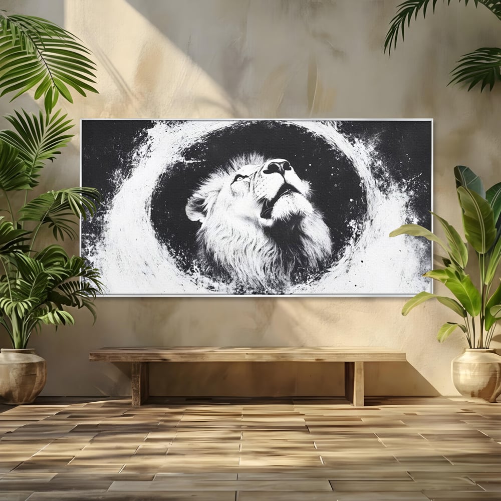Tablou canvas cu tablou canvas cu leu alb si negru, in rama de aluminiu argintiu
